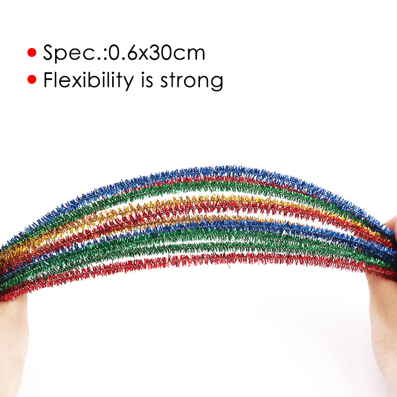 Pack of 100 Assorted Glitter Chenille Stem Pipe Cleaners 0.6 x 30cm
