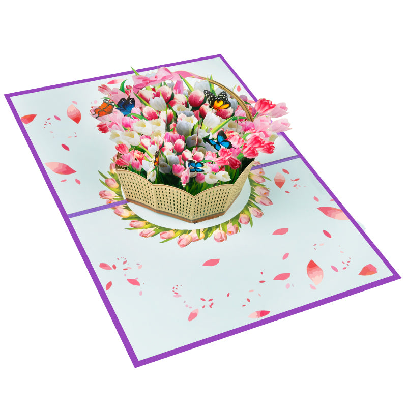 Blooming Elegance Tulip Basket 3D Pop Up Greeting Card