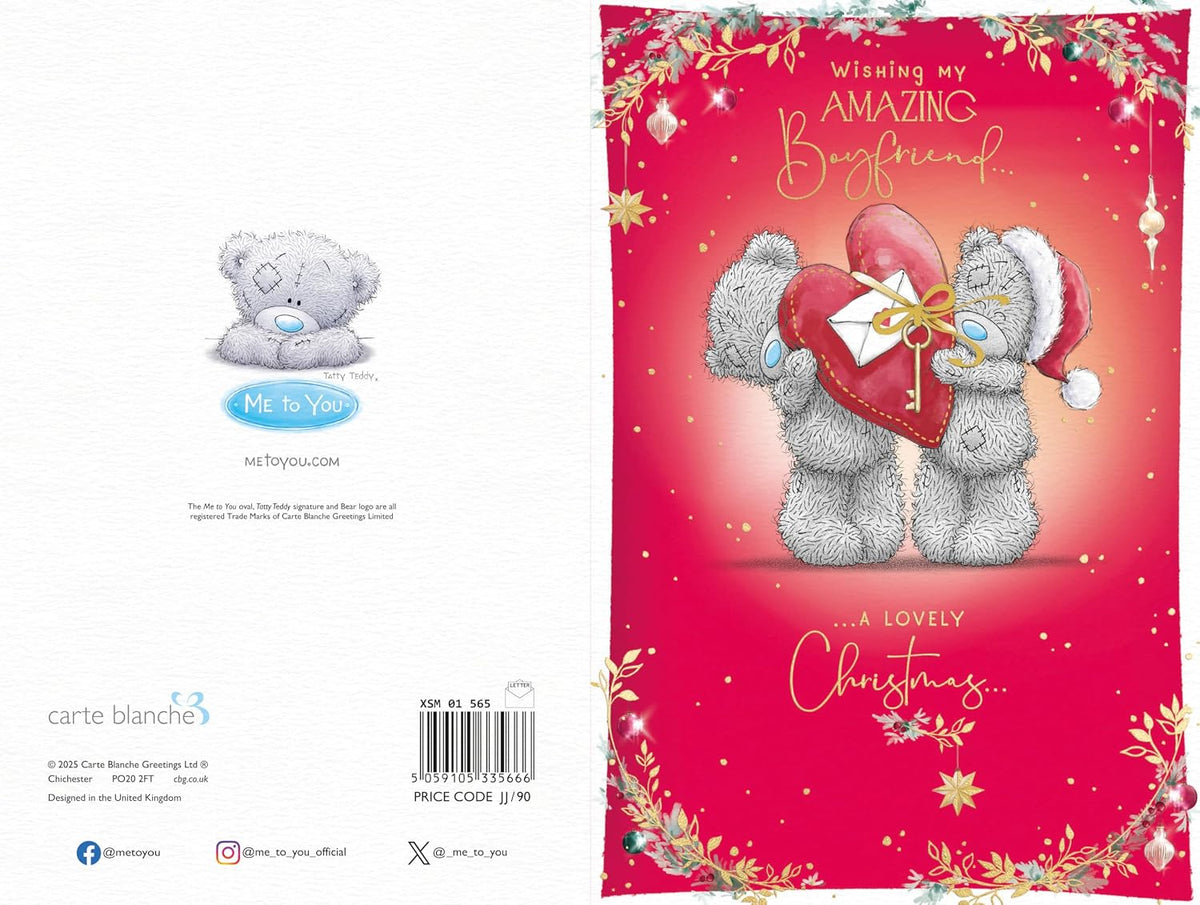 Bear Holding a Large Red Heart Shaped Present Amazing Boyfriend Christmas Card
