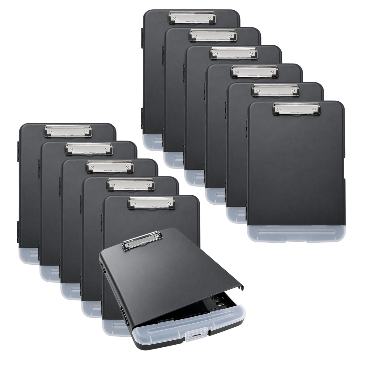 Pack of 12 A4 Black Plastic Clipboard Box Files With Pencil Holder - Storage Filing Case