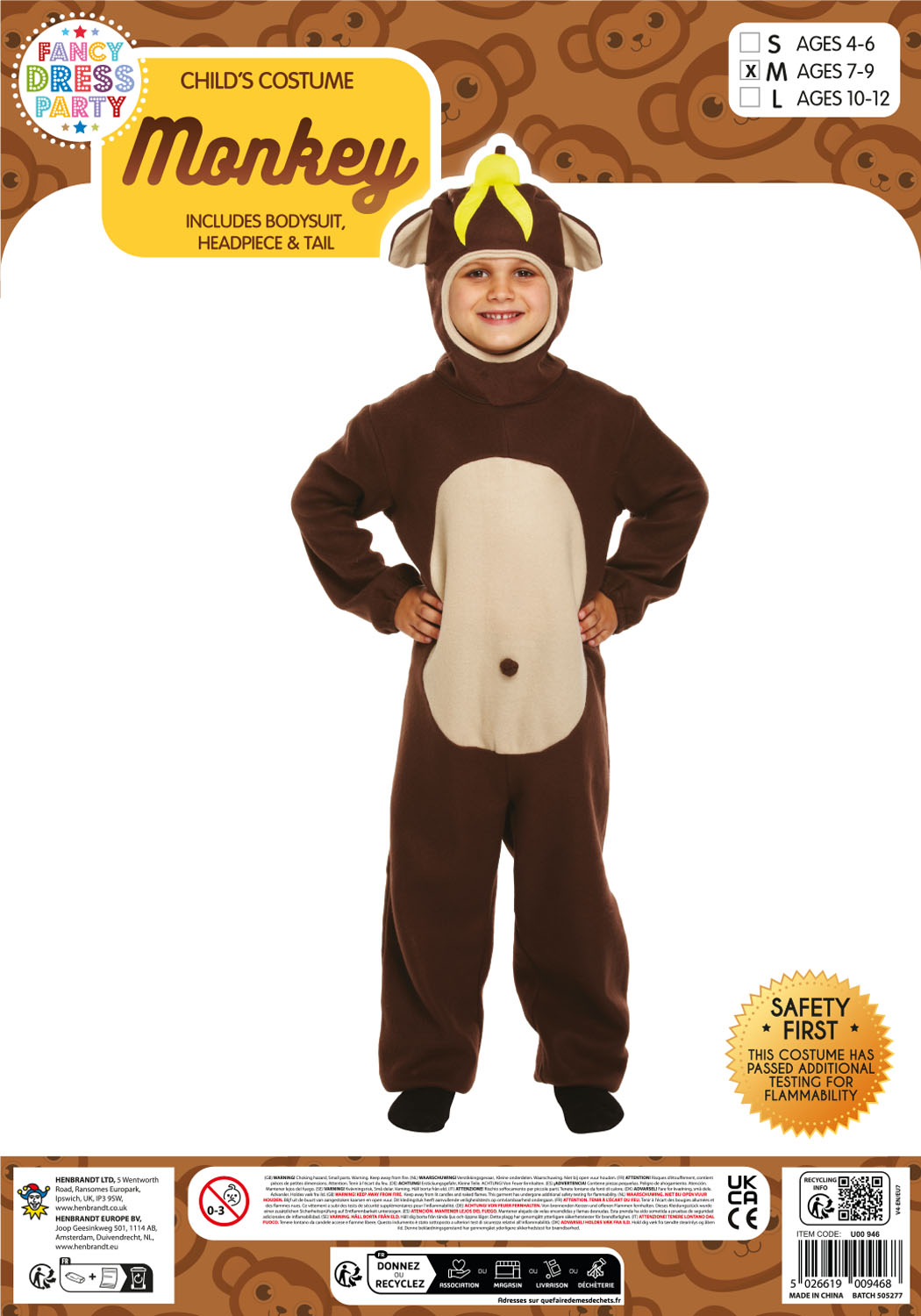 Child Monkey Fancy Dress Costume 7-9 Year Olds