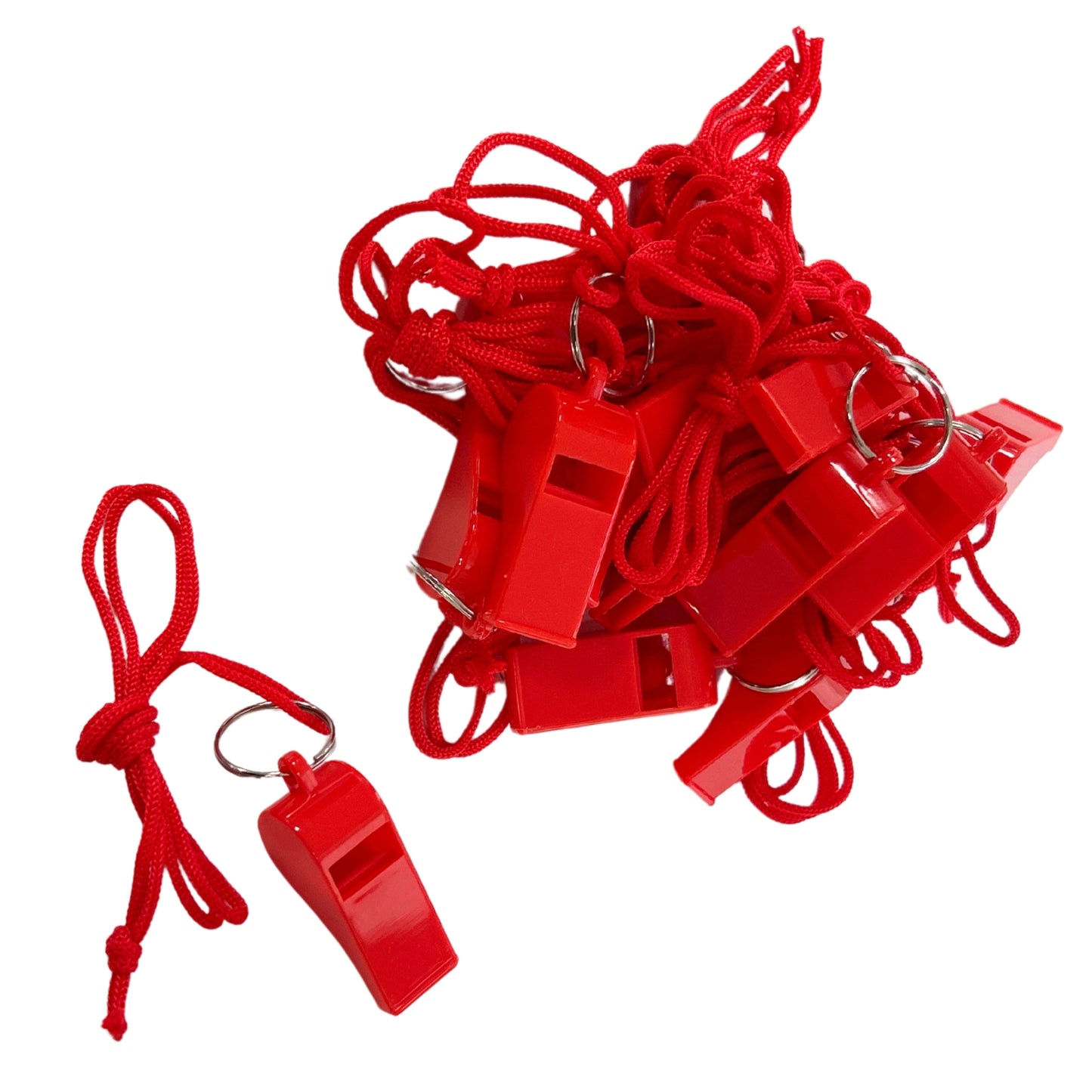 Pack of 50 Red Plastic Whistles with Lanyard Neck Cord