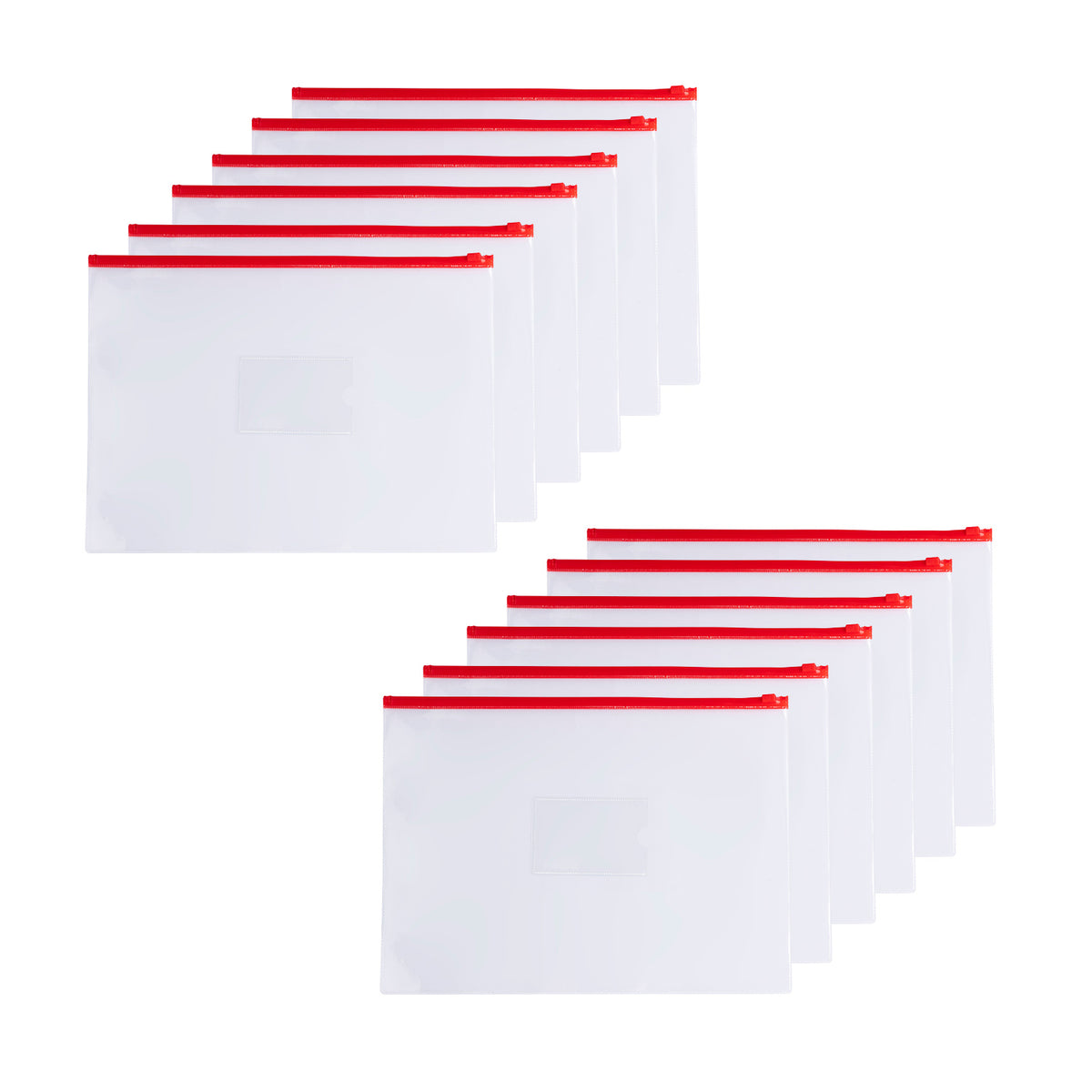 Pack of 12 A4+ Foolscap Clear Zippy Bags with Red Zip