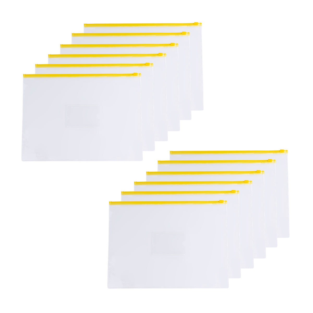 Pack of 12 A4+ Foolscap Clear Zippy Bags with Yellow Zip