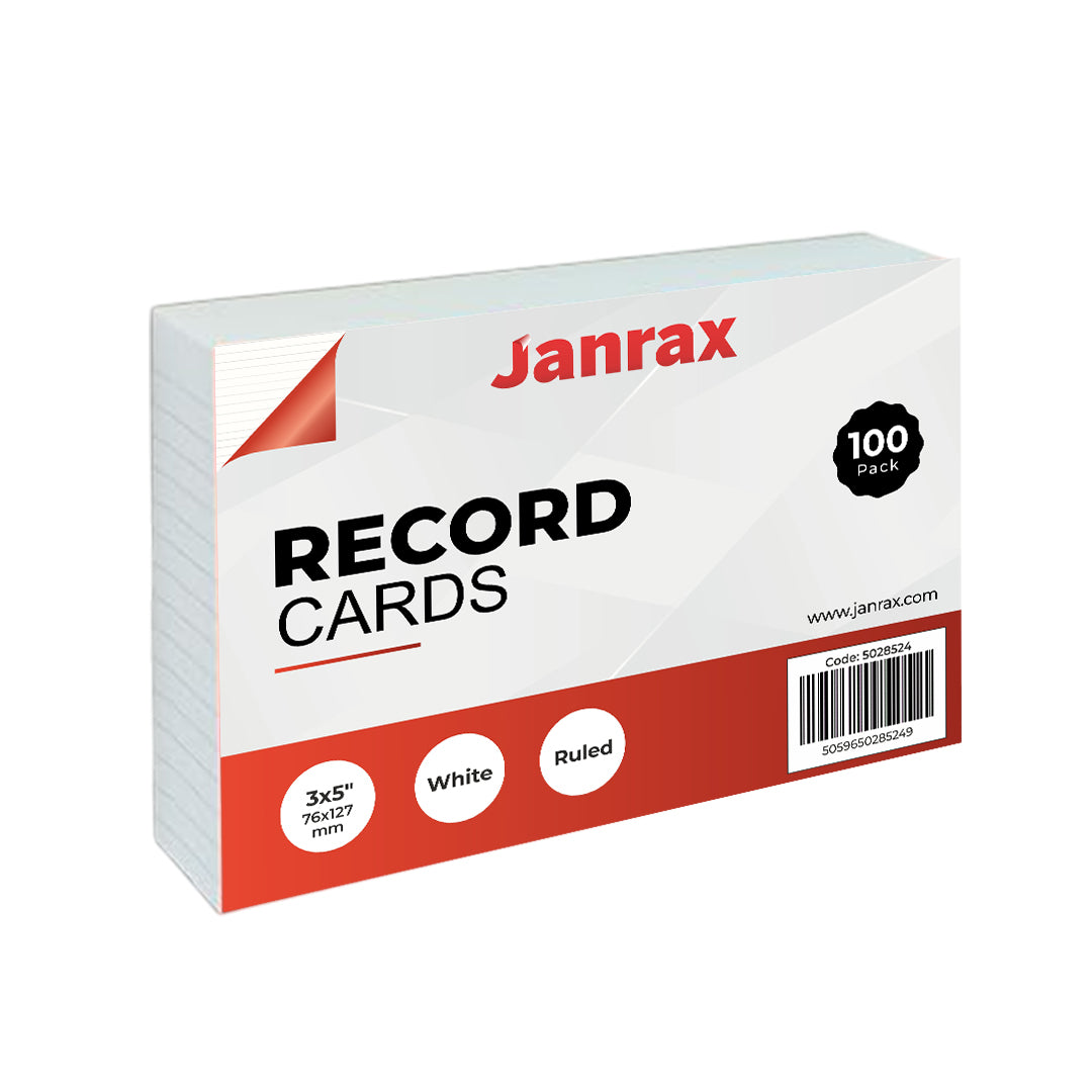 Pack of 100 White Ruled 5x3" Record Cards – Lined Study Index Cards for Notes, Revision