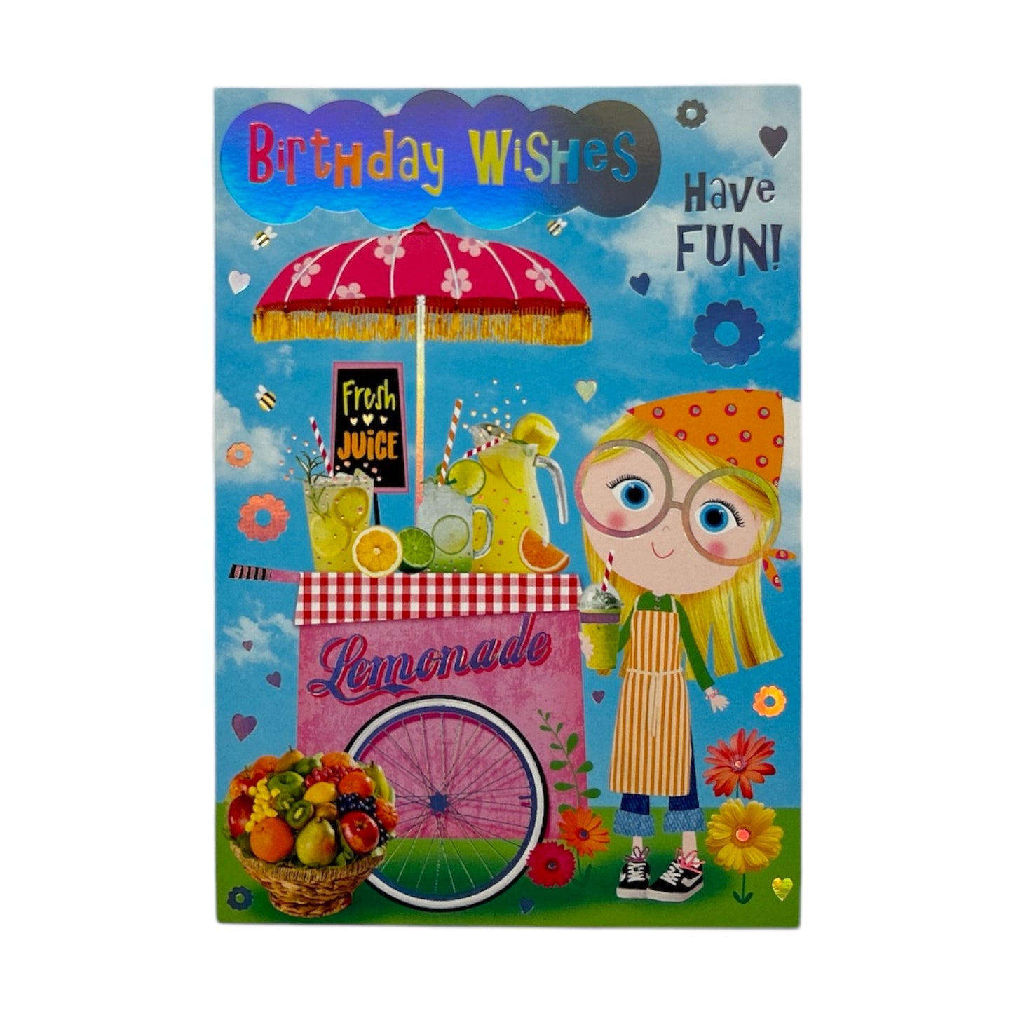Open Female Juvenile Trendy Pops Girl with Lemonade Design Birthday Card