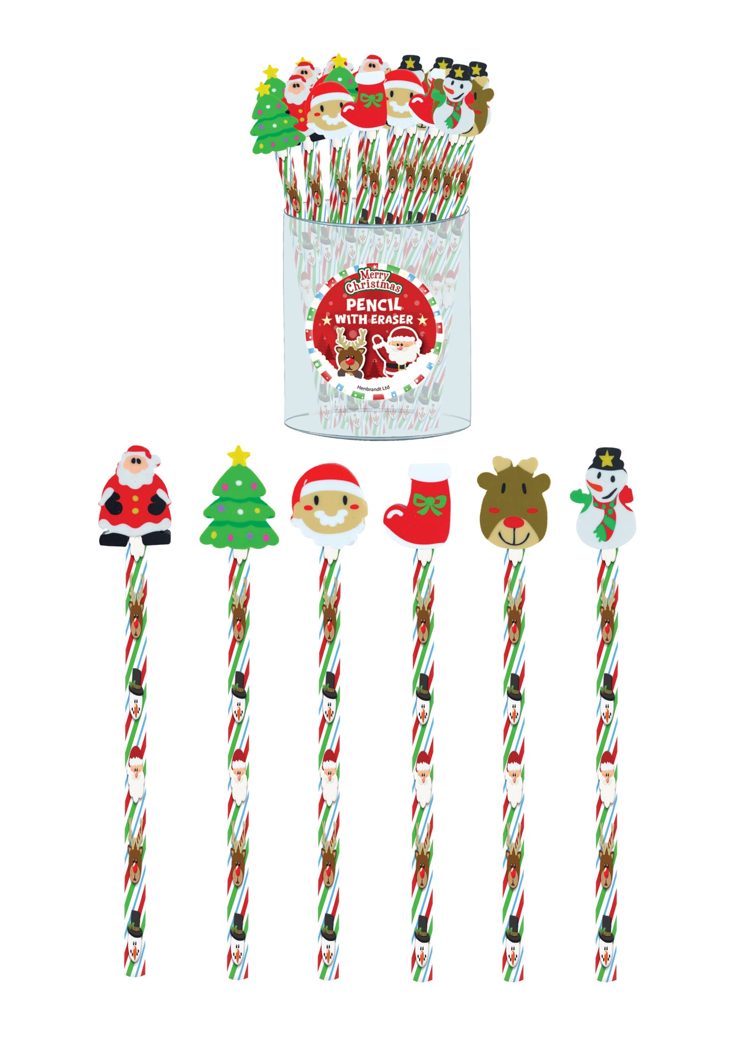 Pack of 24 Christmas Design Pencil with Eraser Top Stocking Filler