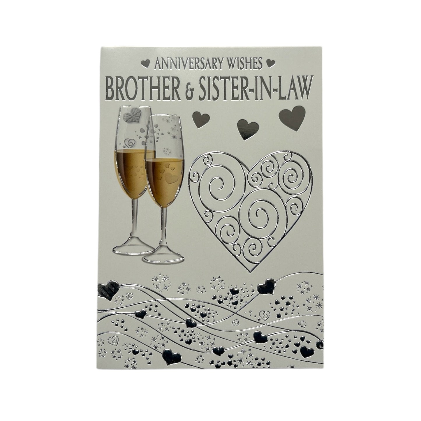 Brother & Sister-In-Law Champagne Glass Silver Heart Traditional Design Anniversary Card