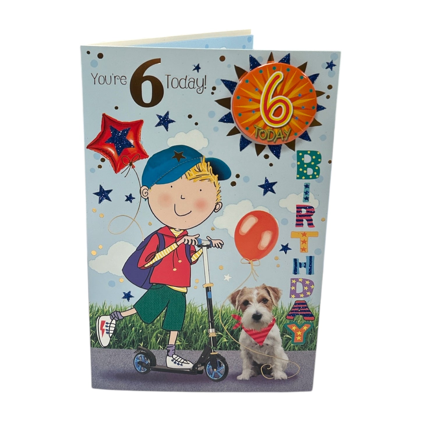 Age 06 Boy Riding A Scooter Juvenile Birthday Card With Badge