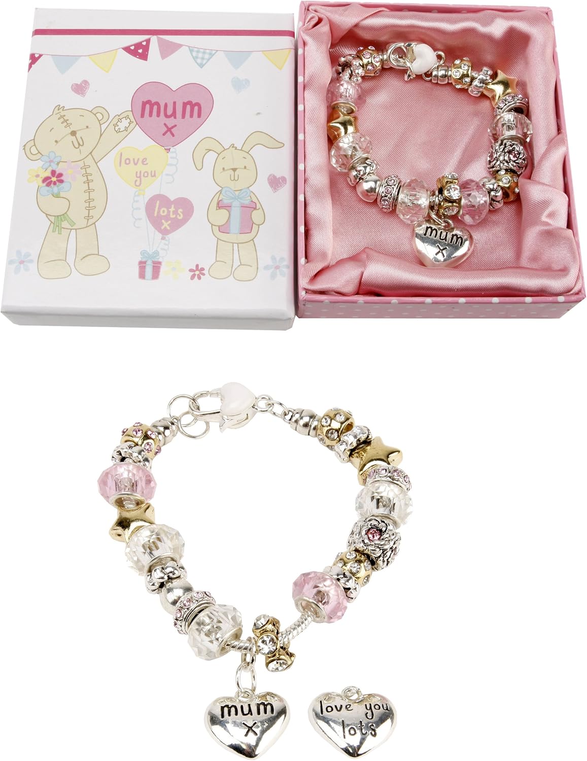 Mum x Charm Bracelet with Heart & Pink Crystals - Christmas Mothers Day Birthday All Occasion New Mummy Gift