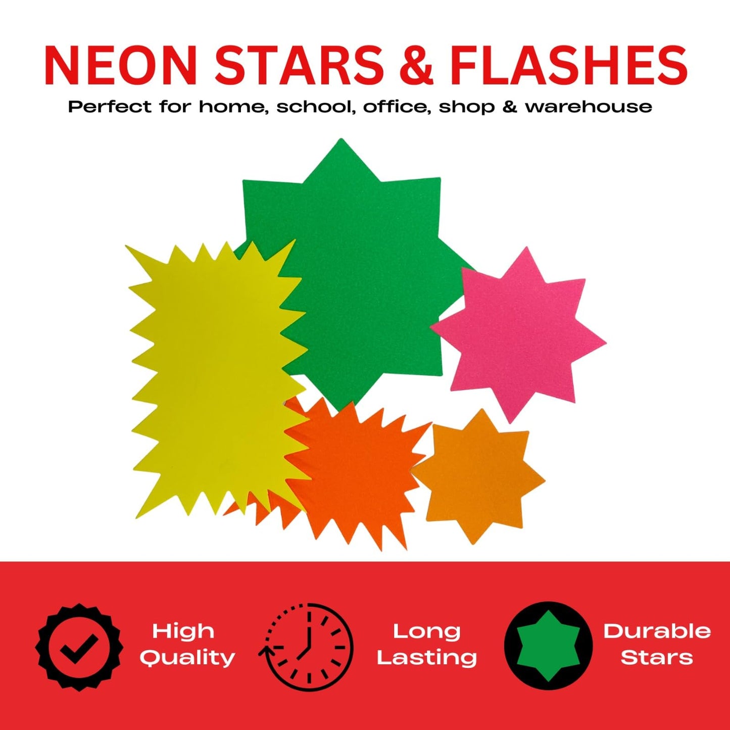 Pack of 500 Assorted Coloured Neon Fluorescent Stars & Flashes in Assorted Size
