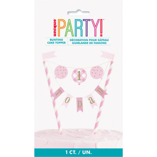 Pink Gingham 1st Birthday Bunting Cake Topper