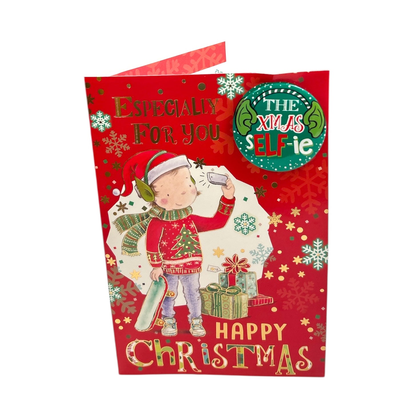 The Selfie Elfie Design Especially For You Male Christmas Card with Badge