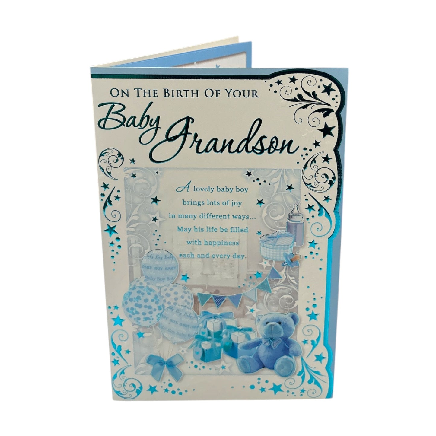 On The Birth Of Grandson Blue Balloons And Teddy Design Opacity Congratulations Card