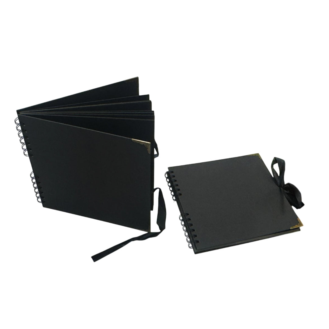 Pack of 6 Spiral Bound 180gsm Black Scrapbooks with Ribbon Closure and Metal Corners - 30 Sheets 20x20cm