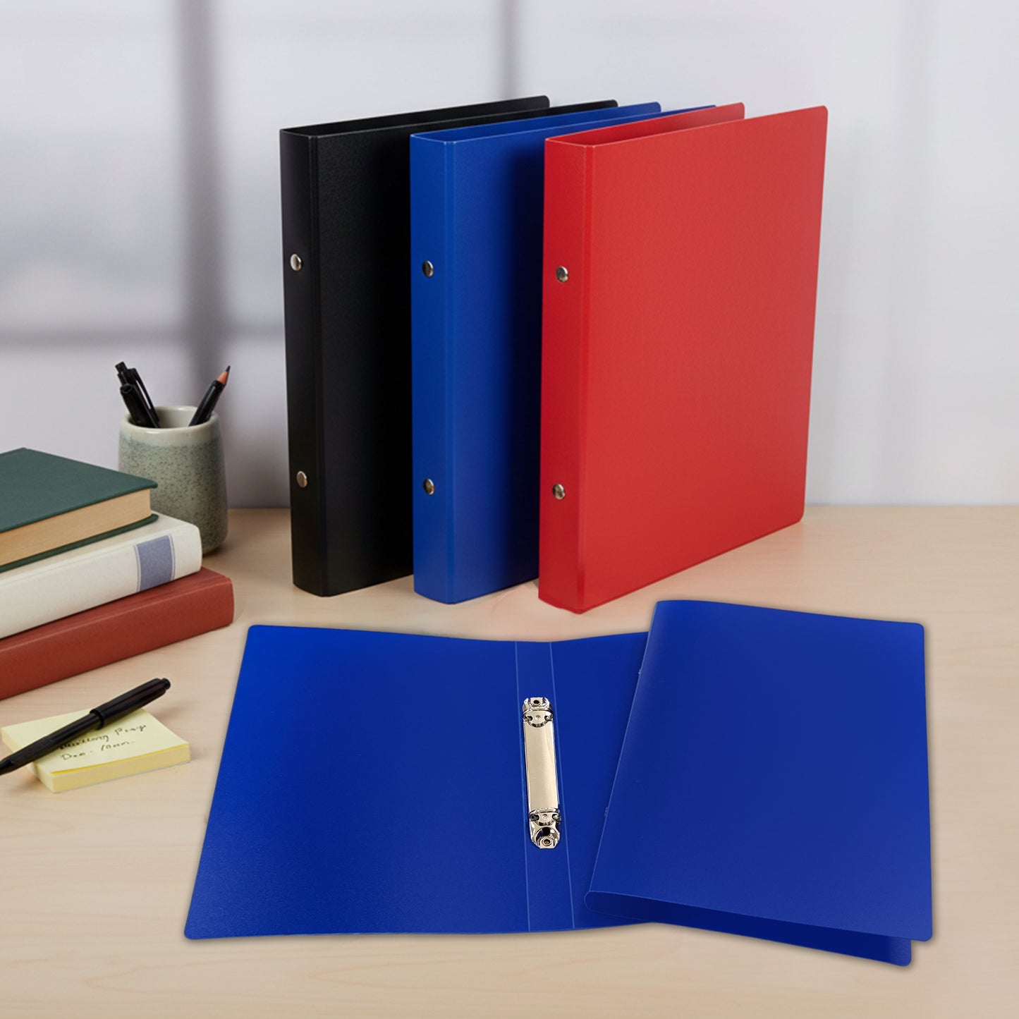 Pack of 3 A5 PP Ring Binders – 25mm Spine, 2 O-Ring Mechanism, 700 Micron Durable Cover – Red, Blue, Black