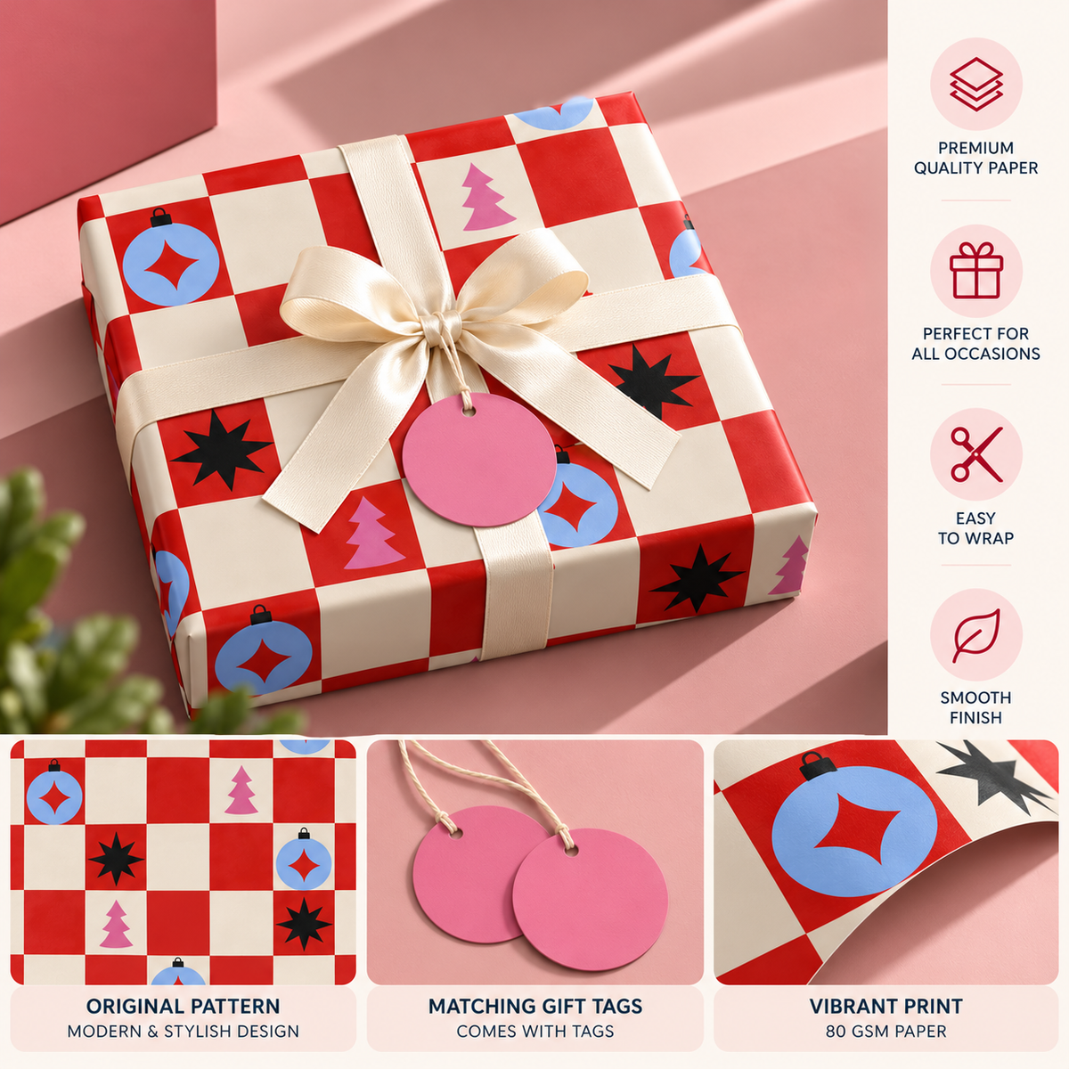 Pack of 2 Festive Checkboard Design 50 x 70 cm Gift Wrap Sheets with 2 Tags - Christmas Valentine’s Mother's Day Everyday Celebrations