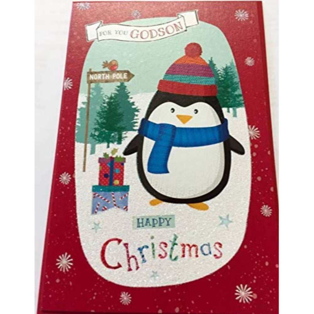 TRADITIONAL GODSON MALE CUTE NICE VERSE GLITTER CHRISTMAS GREETING CARD
