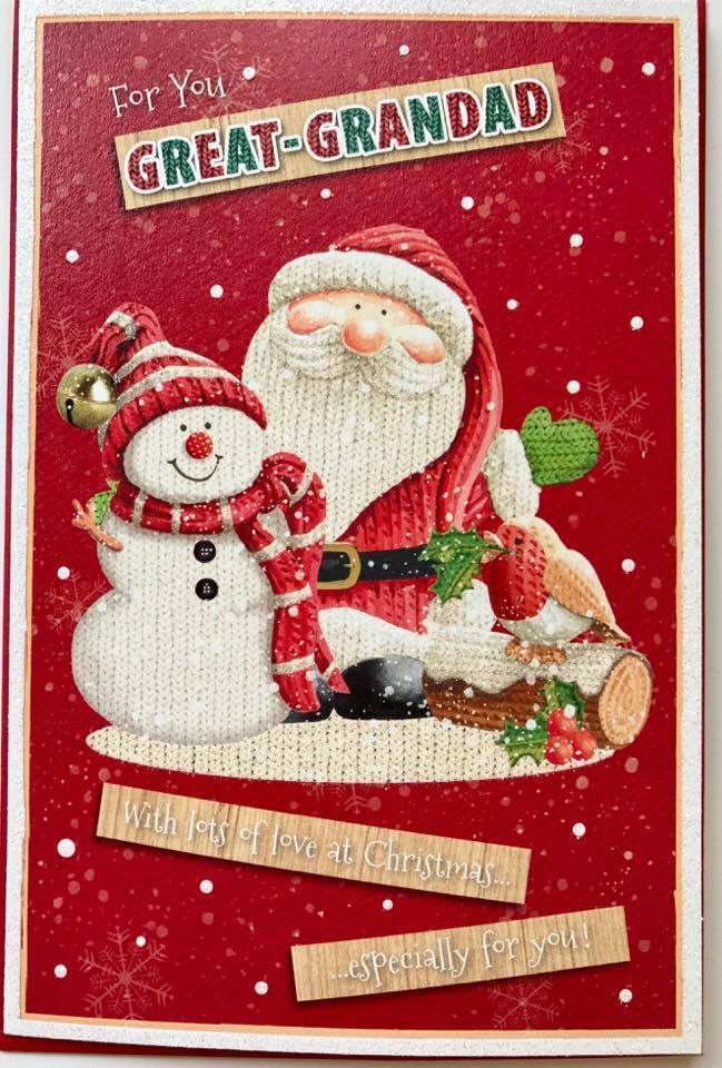 Great-Grandad - Snowman & Santa glitter Christmas Wishes Greeting Card