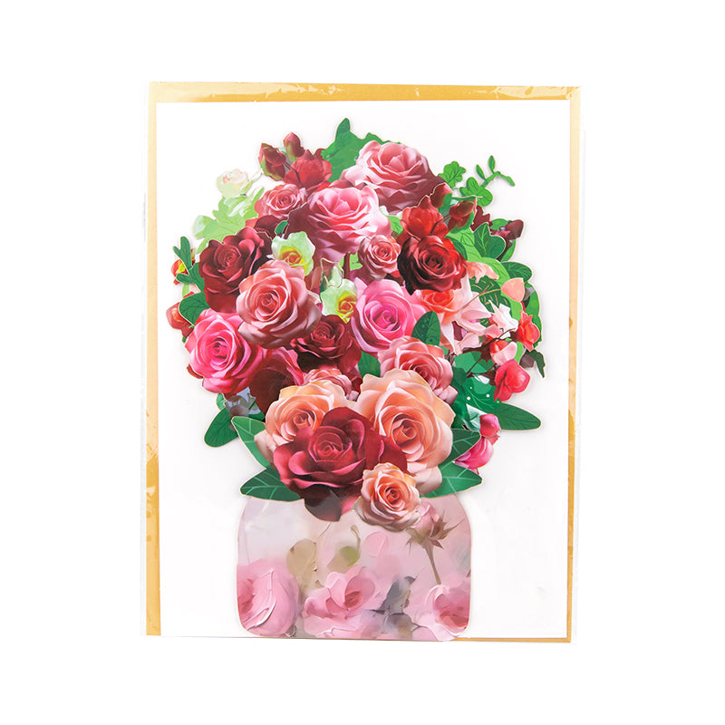 Blushing Blooms Rose Bouquet 3D Pop Up Vase Greeting Card