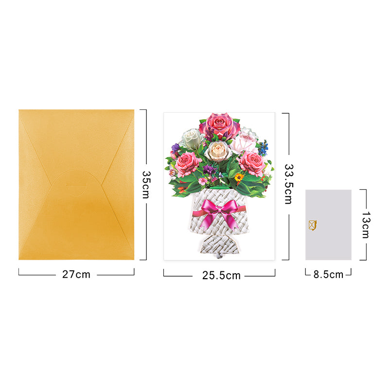 Pink And White Rose Bouquet in Basket Design 3D Pop Up Card