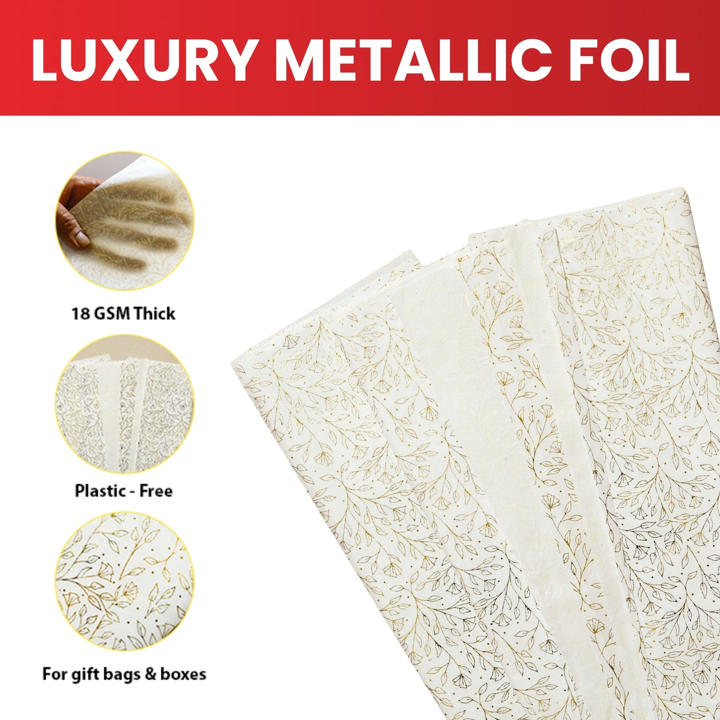 3 x Pack of 10 Flowers Garden Gold Metallic Plastic-Free 18gsm Tissue Paper Sheets 50x70cm - Patterned Tissue Paper for Xmas, New Year, Party, Wedding, Birthday Packing Present Gift Box DIY Art Crafts