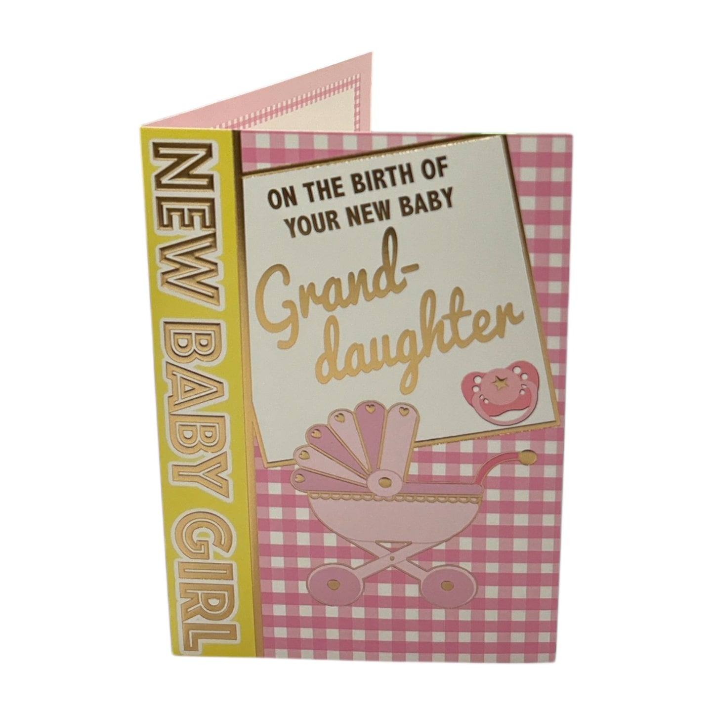 On Birth Of Granddaughter Pink & White Checkered Congratulations Card