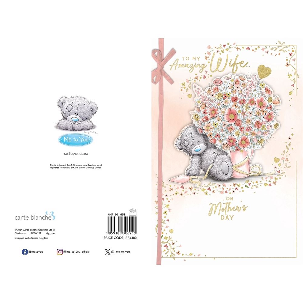 Bear With Large Vase Of Flowers Wife Luxury Handmade Mother's Day Card