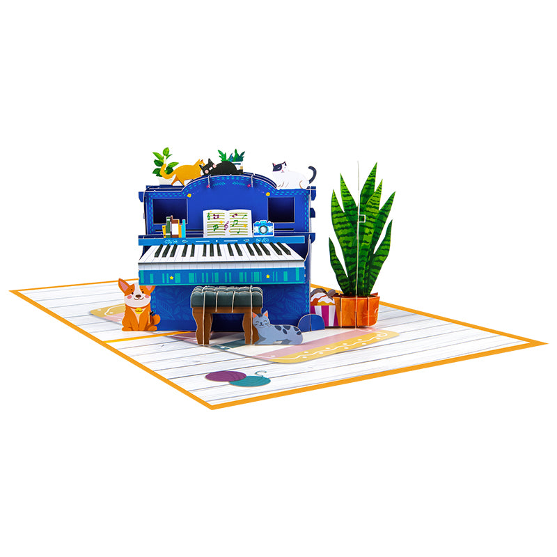 Piano & Cats Scene Whimsical 3D Pop Up Greeting Card