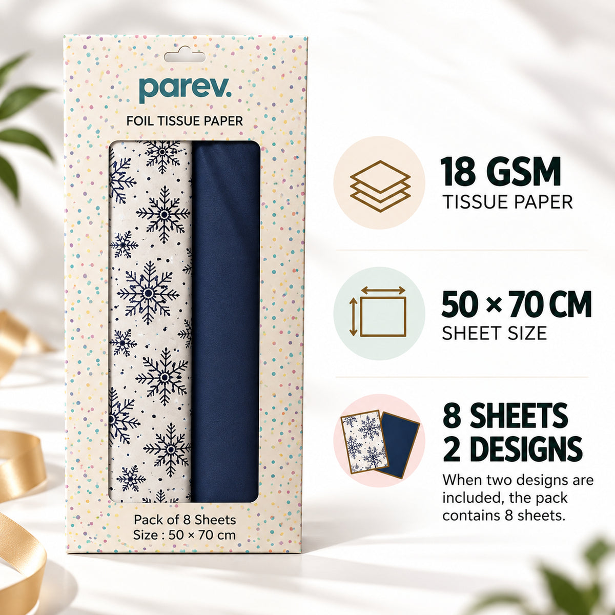 Pack of 8 Winter Foil Snowflakes & Plain Navy Blue 50 x 70 cm Tissue Sheets - Christmas Winter Celebrations