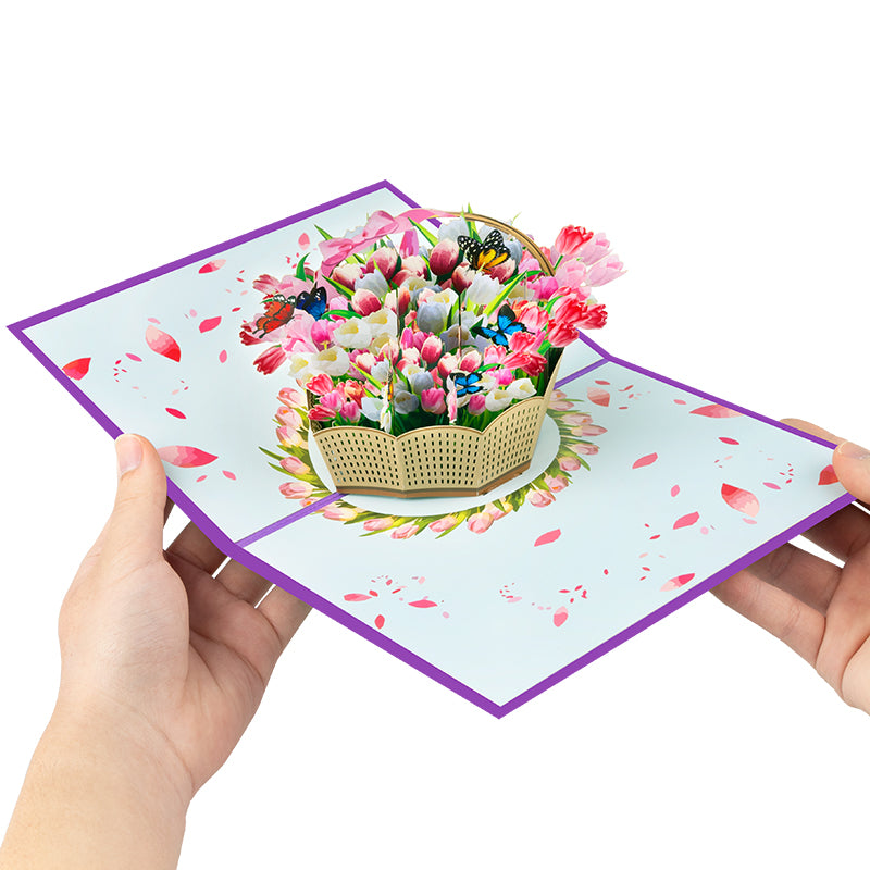 Blooming Elegance Tulip Basket 3D Pop Up Greeting Card