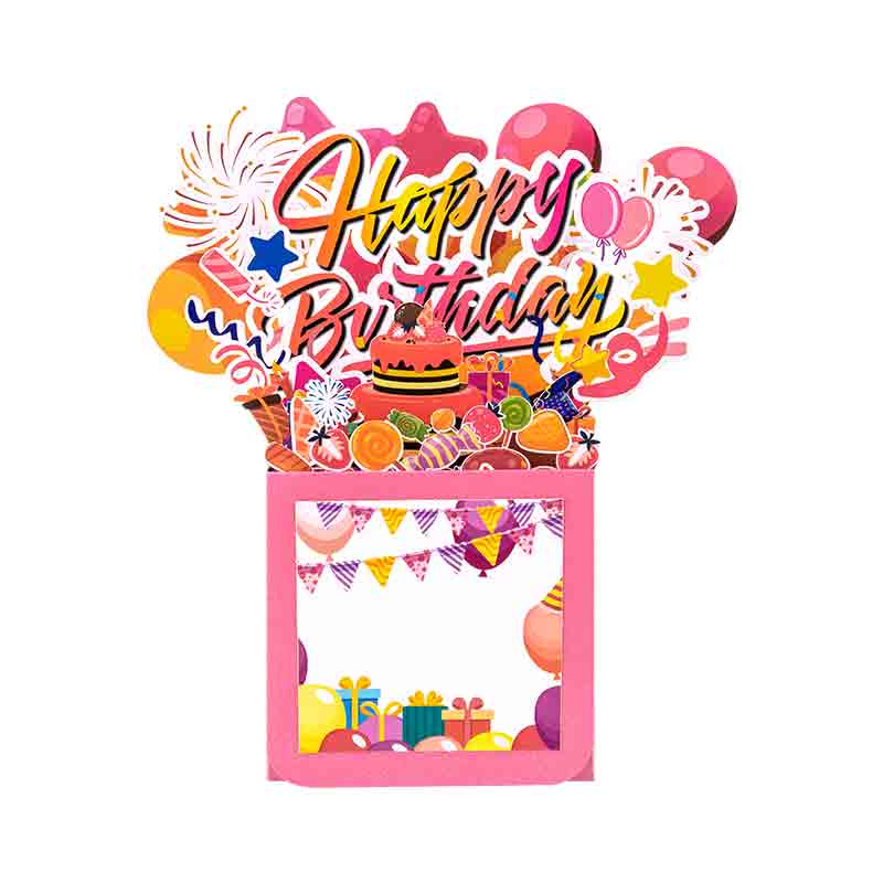 Pink Balloons Fireworks Peach Red 3D Pop Up Birthday Box Card Surprise Gift Box
