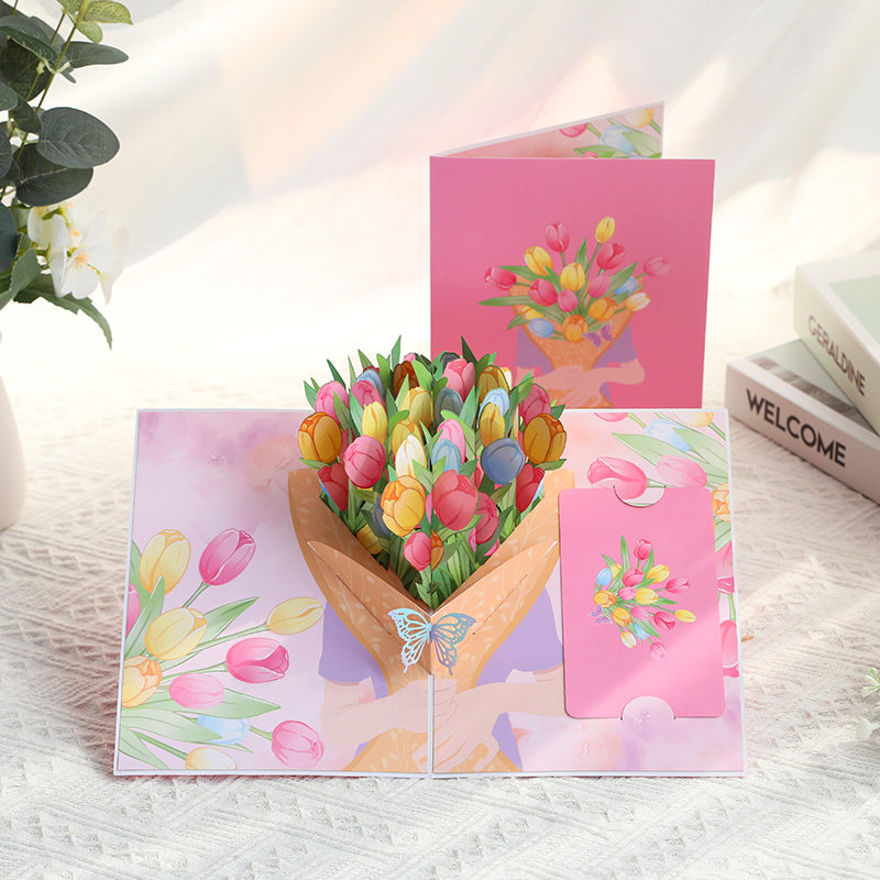 Tulips in Hand 3D Pop Up Greeting Card - Mother's Day Birthday Anniversary