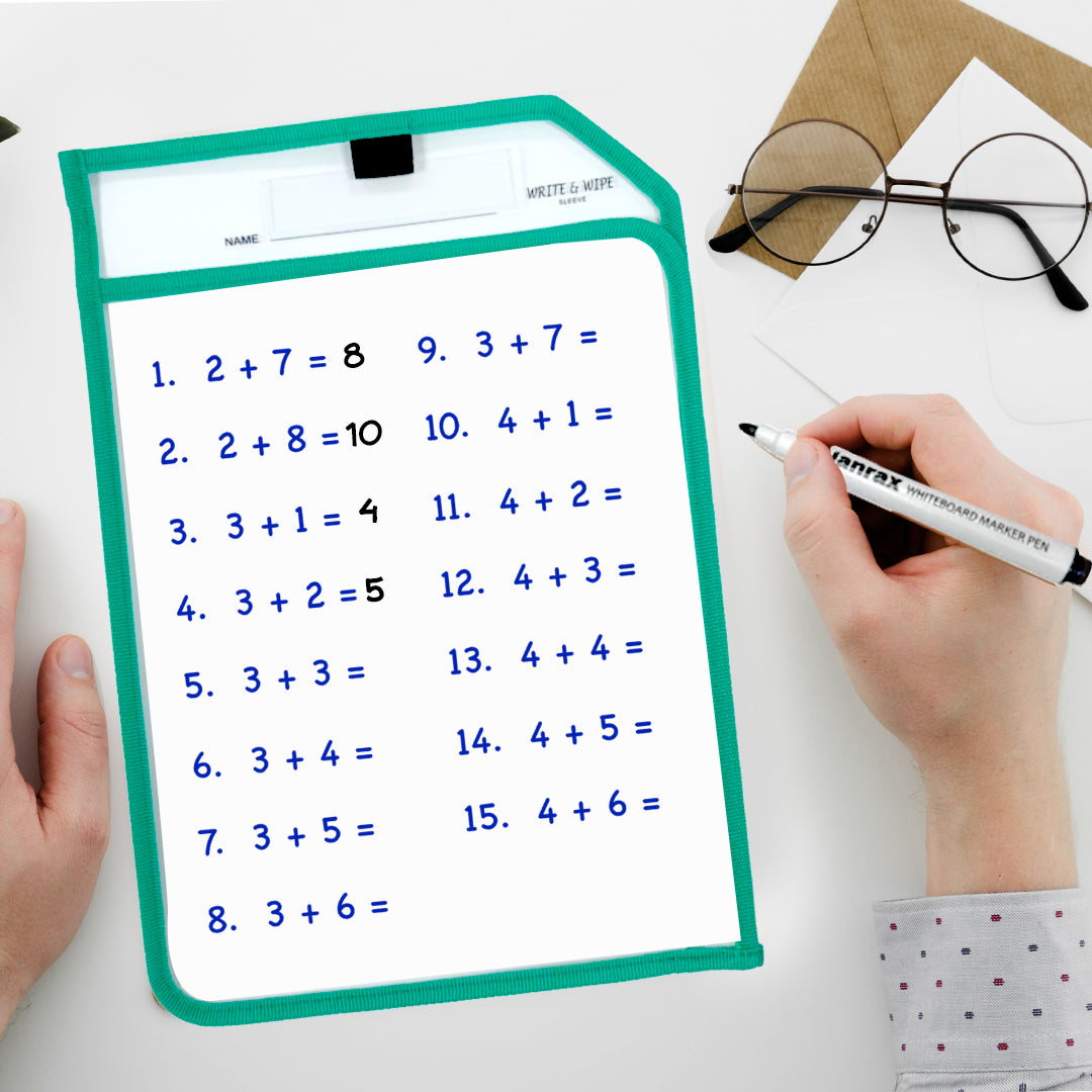 Pack of 8 Blue Edge Clear Dry Erase Write and Wipe Reusable Sleeve Pockets