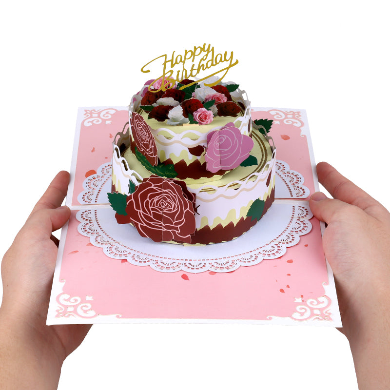 Rosy Layers 3D Birthday Cake Pop Up Card