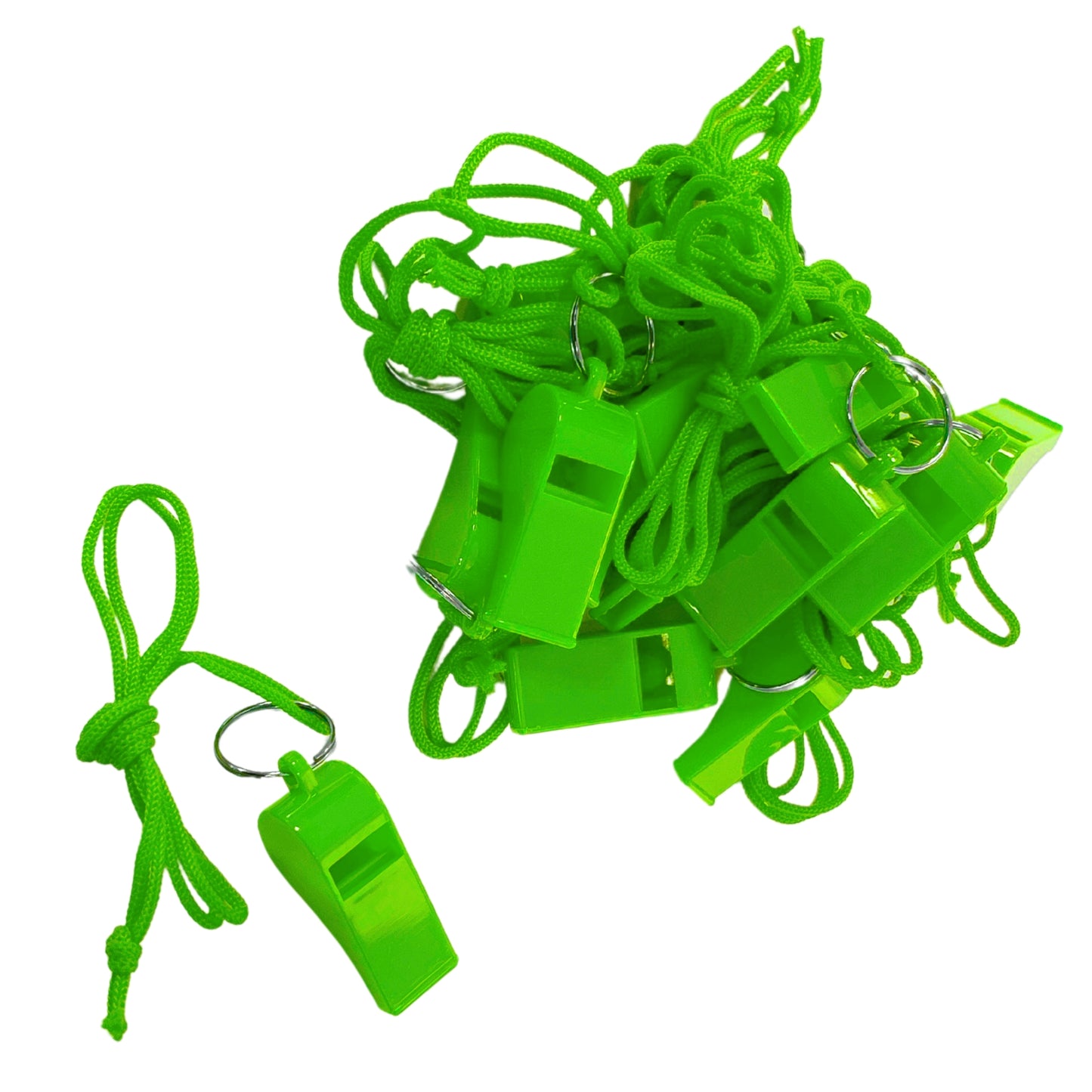 Bag of 100 Green Plastic Whistles with Lanyard Neck Cord