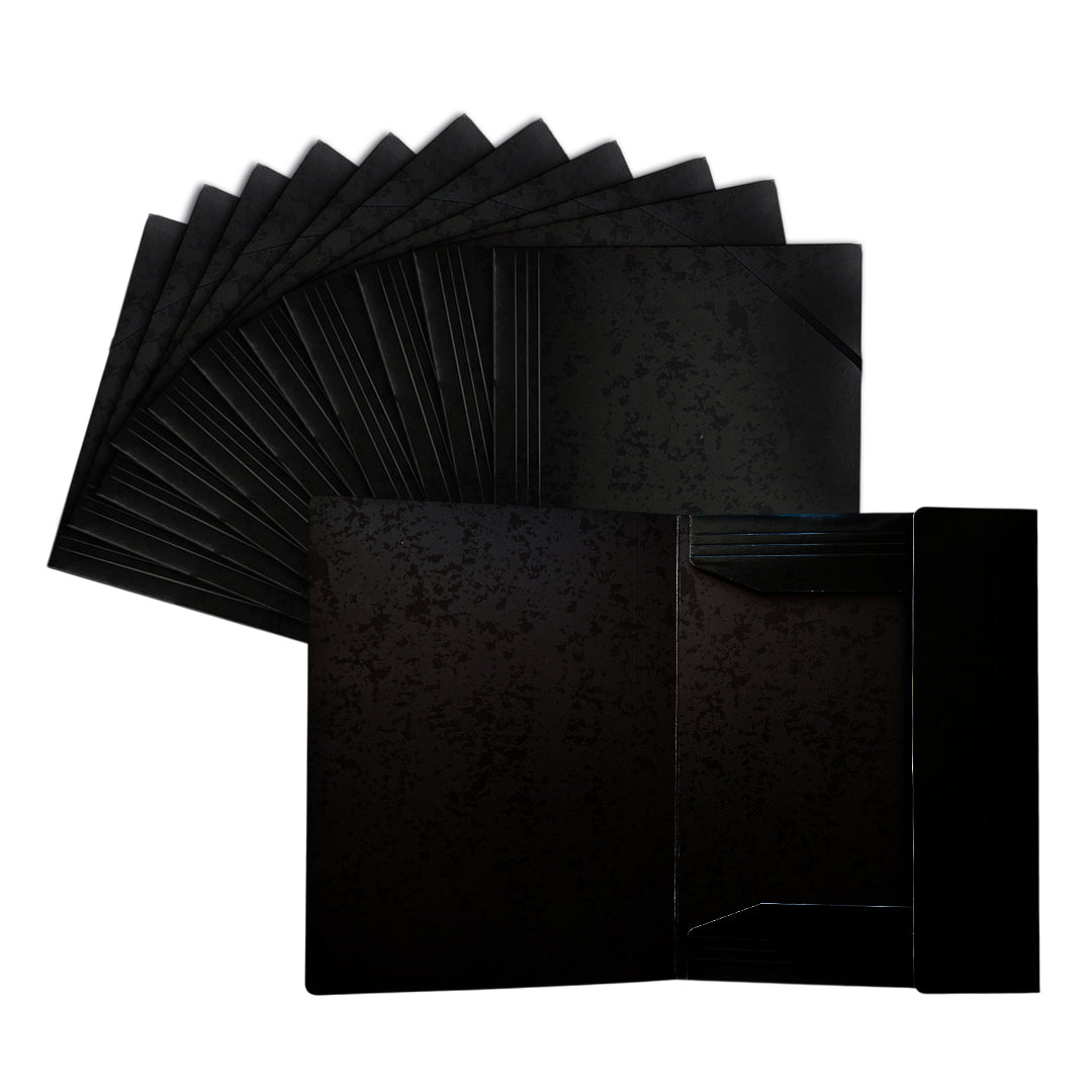 Pack of 12 A4 Black Card 3 Flap Folders With Elastic Closure
