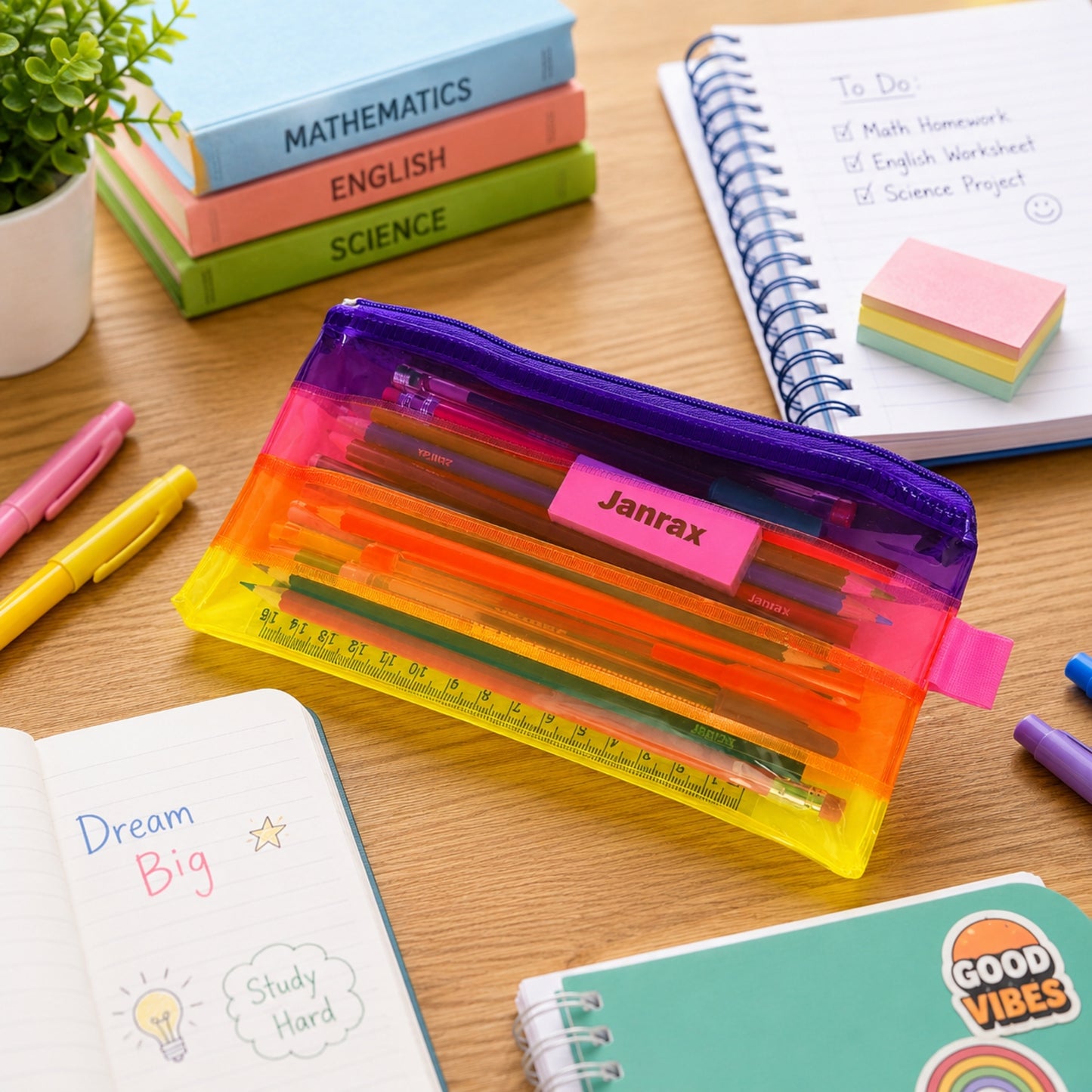 Pack of 12 DL Rainbow Coloured Rainbow Pencil Cases