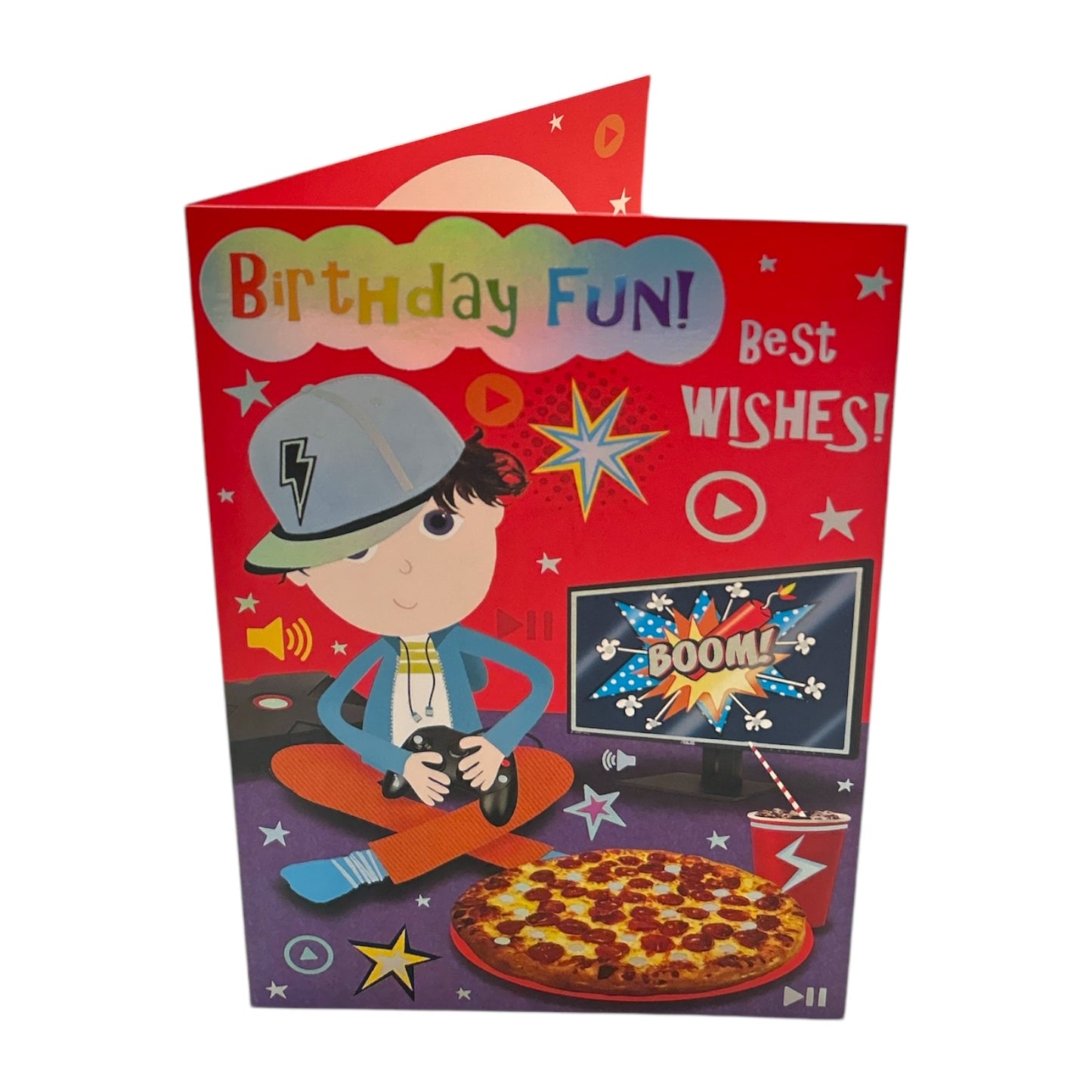 Open Male Juvenile Trendy Pops Boy Playing Game Design Birthday Card