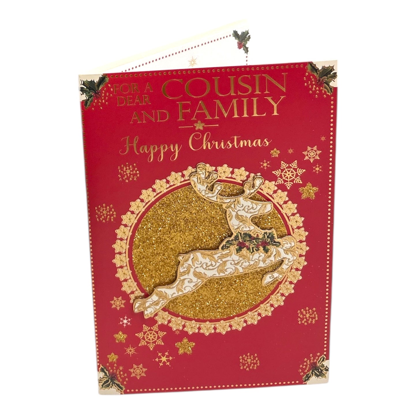 For a Dear Cousin and Family Golden Reindeer Christmas Card