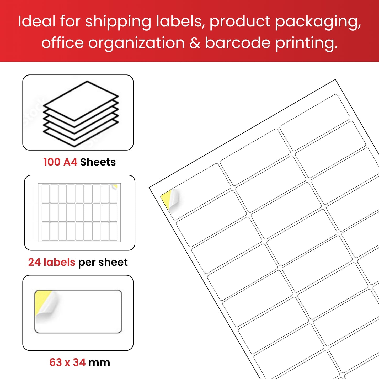 Pack of 2400 White 63x34mm Self Adhesive Labels (24 Labels per A4 Sheet)
