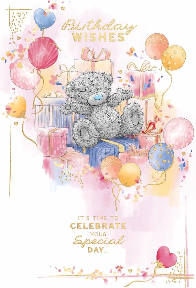 Bear Sat Amongst Gifts And Balloons Birthday Card
