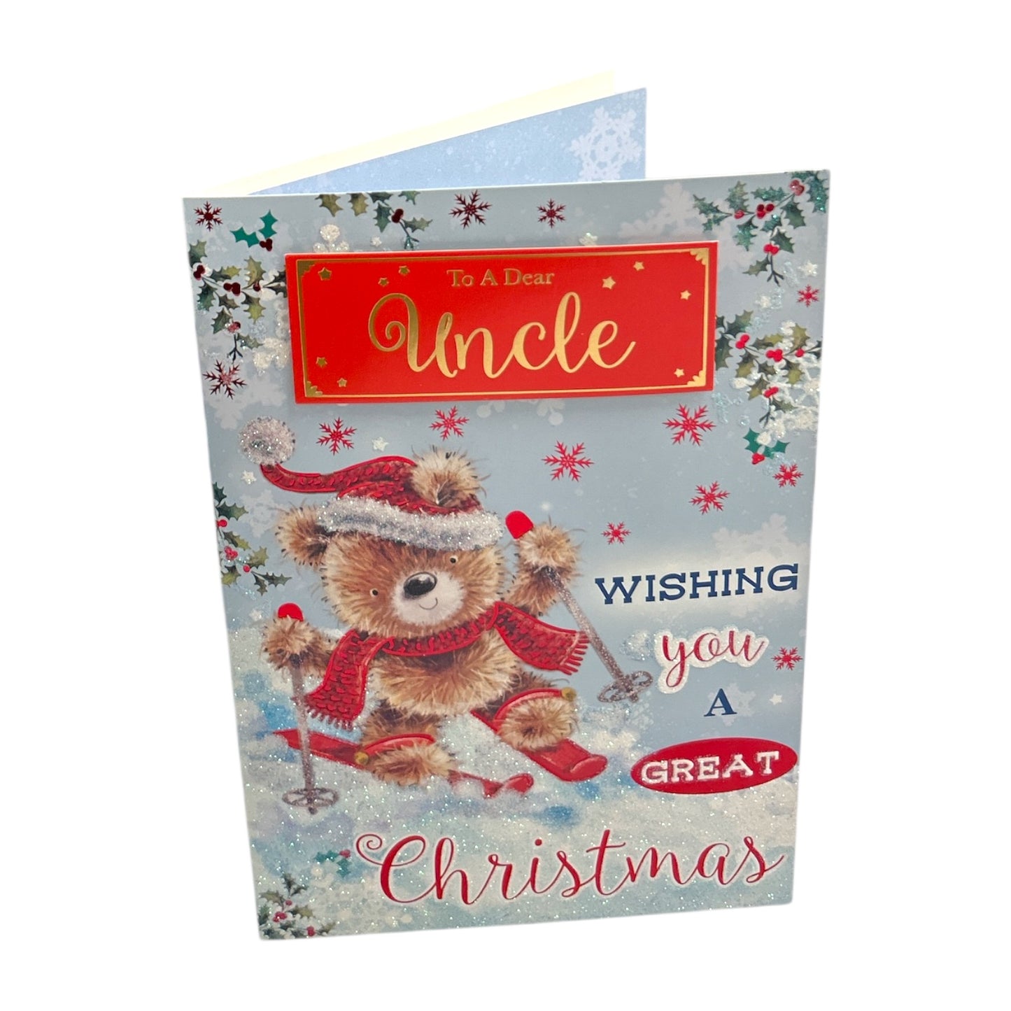 To a Dear Uncle Skiing Bear in Snowy Scene Christmas Card