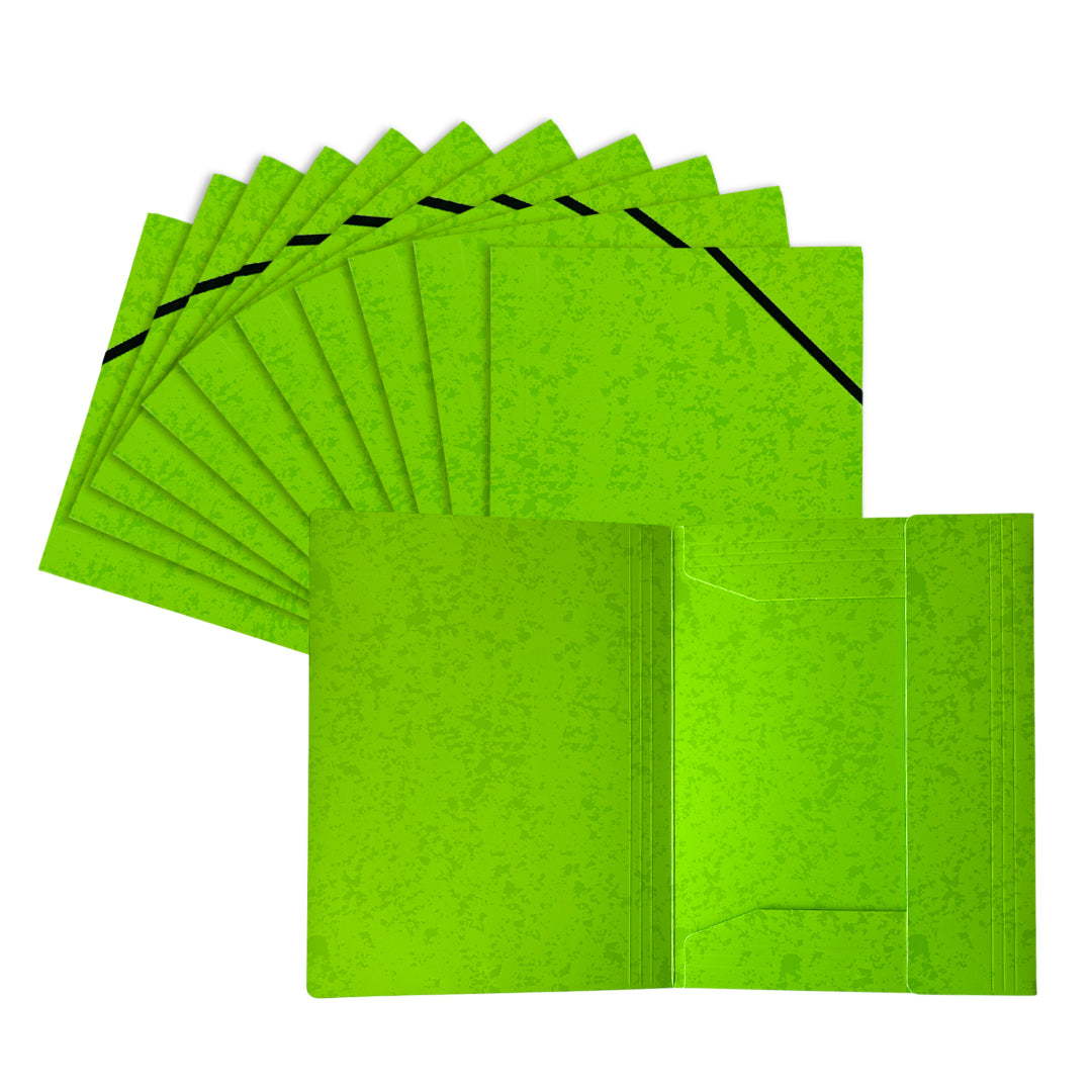 Pack of 12 A4 Neon Green Card 3 Flap Folders With Elastic Closure
