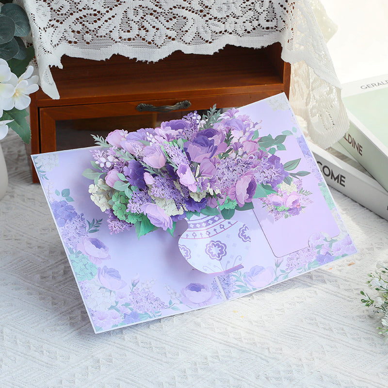 Purple Hydrangea Rose Bouquet 3D Pop Up Greeting Card - Mother's Day Birthday Anniversary