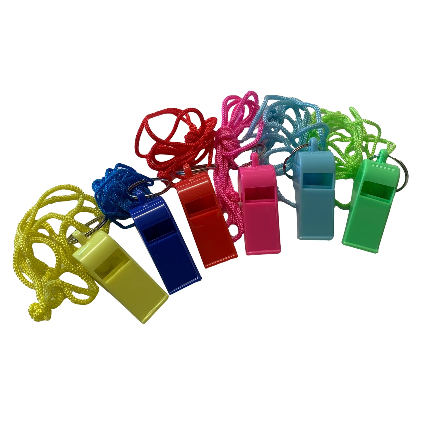 Bag of 10 Assorted Coloured Plastic Whistles with Lanyard Neck Cord