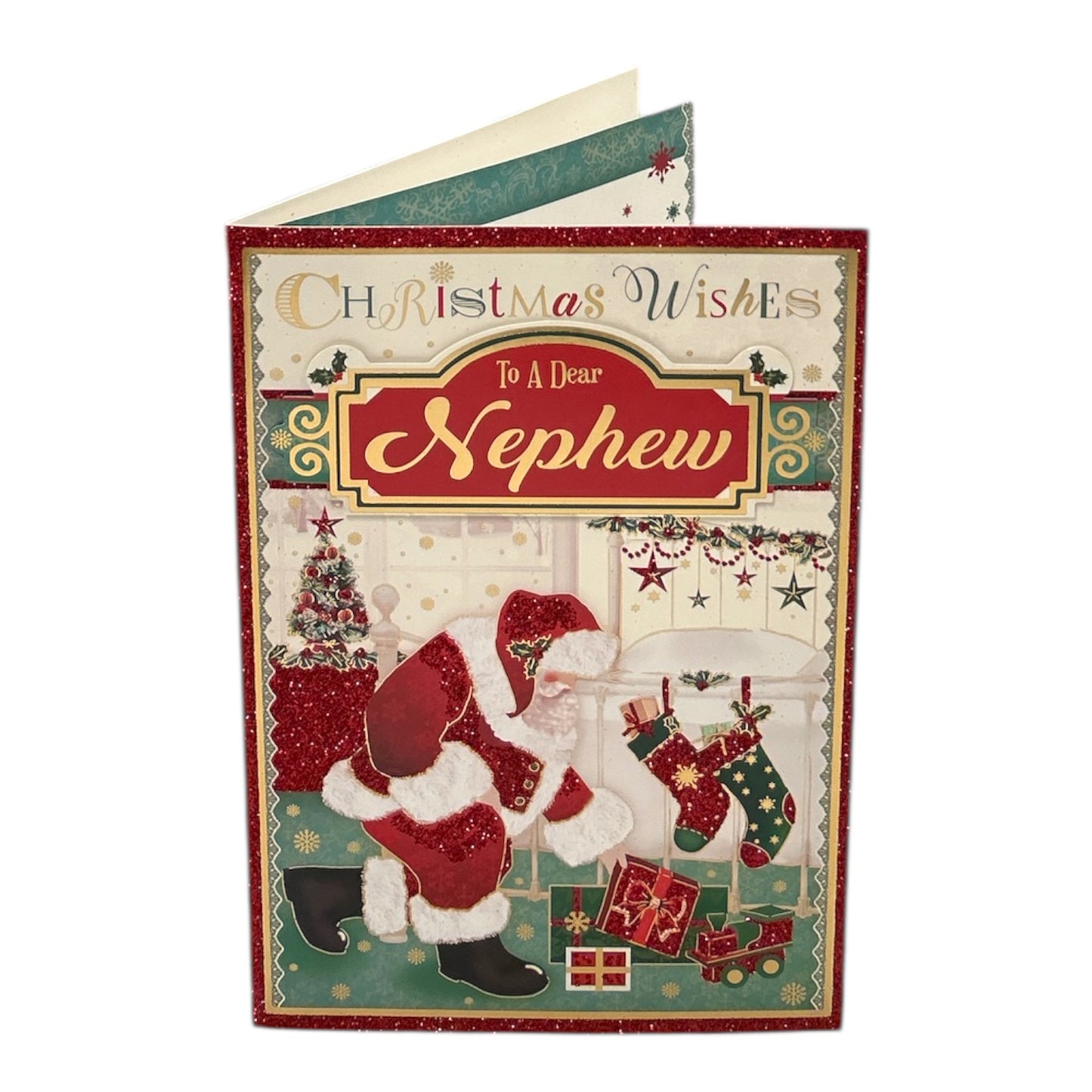 To a Dear Nephew Glitter Finished Santa Design Christmas Card
