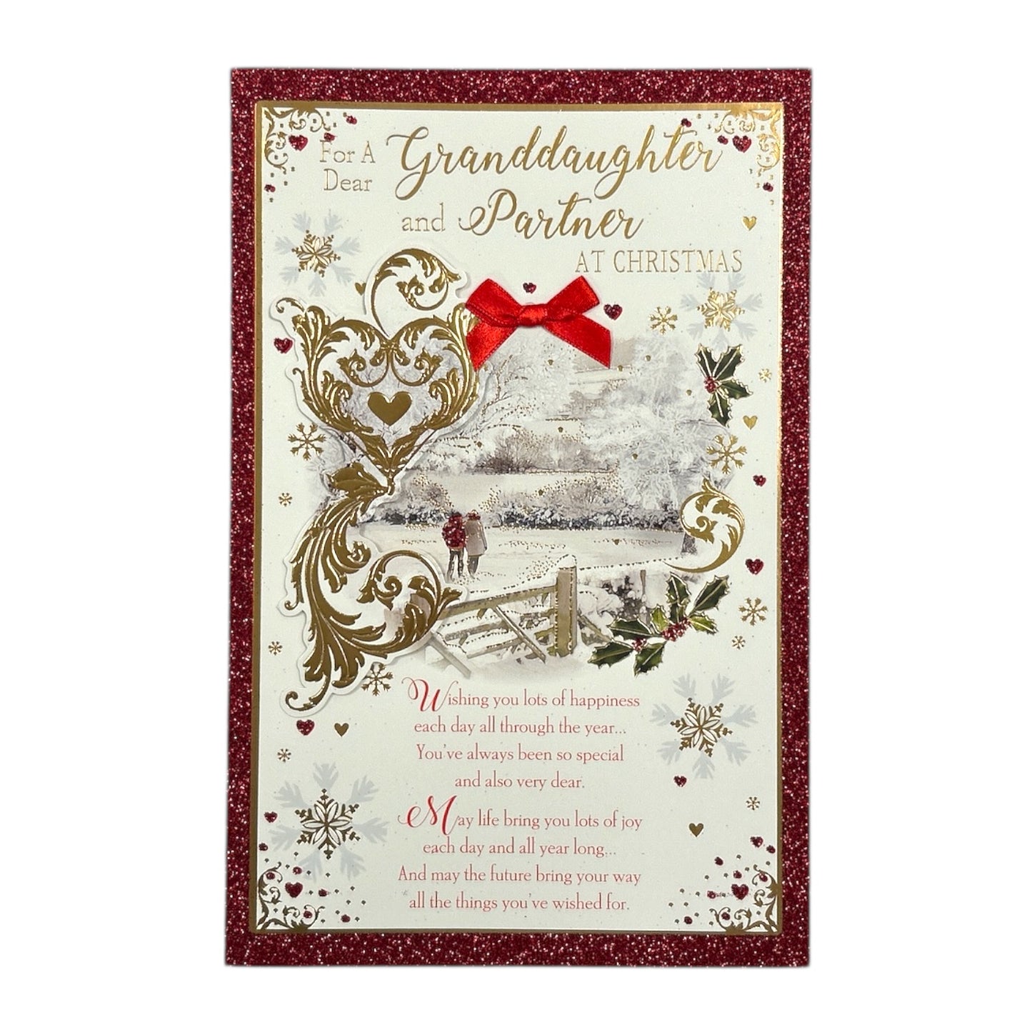 For a Dear Granddaughter and Partner Couple Walking in Winter Wonderland Design Christmas Card
