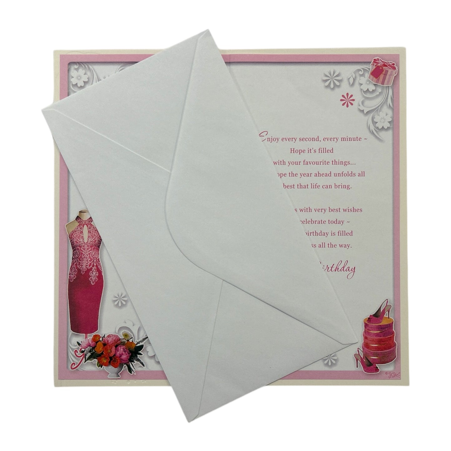 Open Female Pink Dress and Shoes Design Opacity Birthday Card