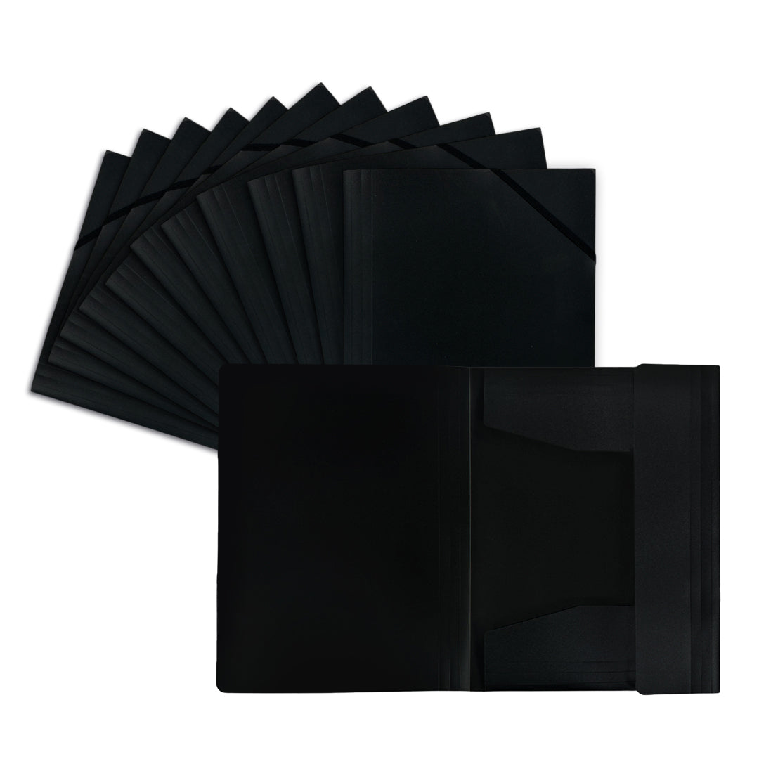 Pack of 12 A4 Black 3 Flap Folders with Elasticated Closure